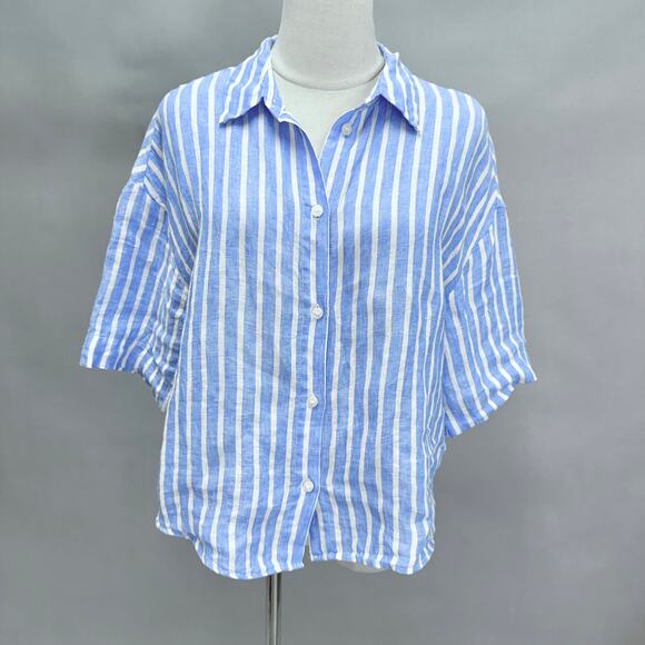 H&M blue striped linen 3/4 sleeve button up cropped top size Small boxy oversize - Picture 7 of 16